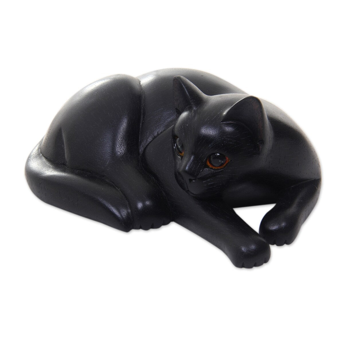 Novica Handmade Lazy Black Cat Wood Sculpture