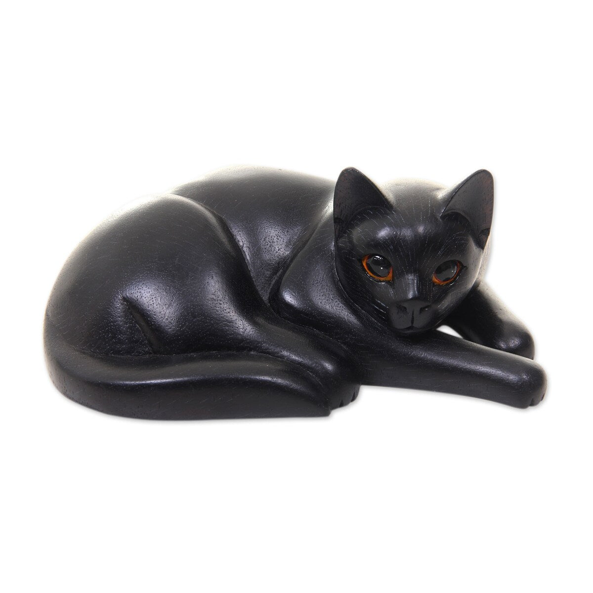 Novica Handmade Lazy Black Cat Wood Sculpture
