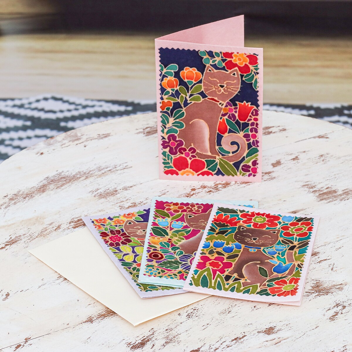 Novica Handmade Blooming Felines Cotton And Paper Greeting Cards (Set Of 4)