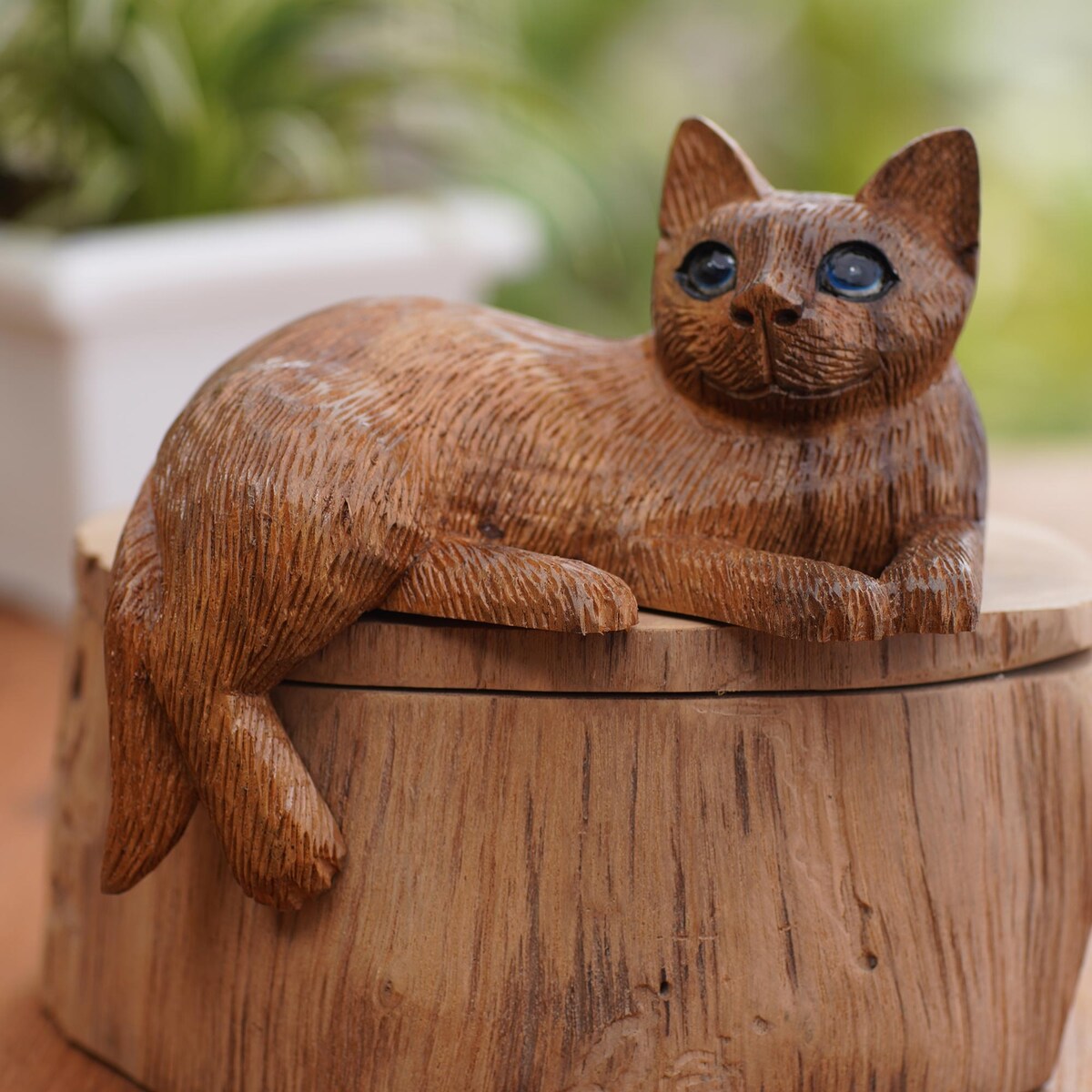Novica Handmade Outdoor Cat Wood Statuette