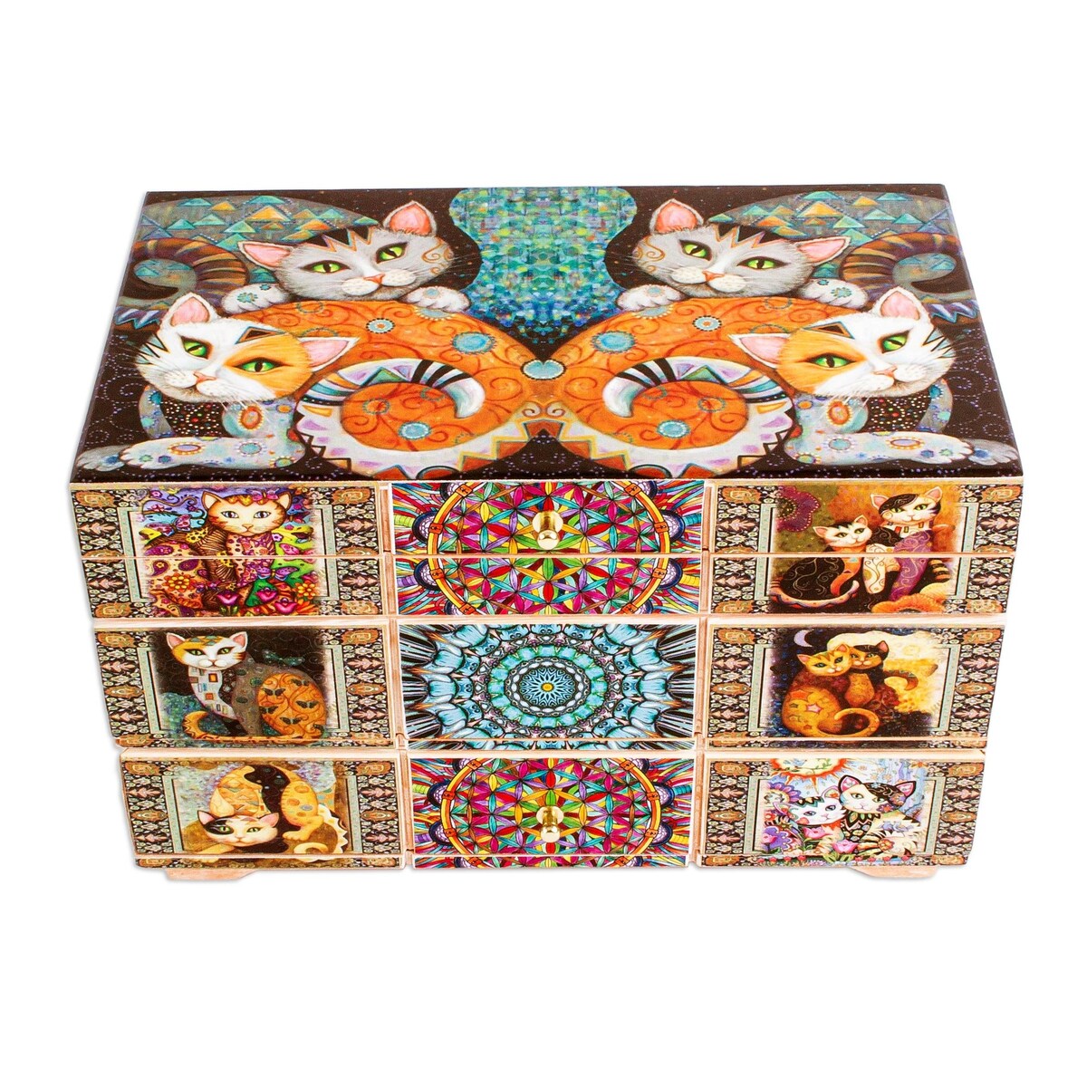 Novica Handmade Protective Cats Decoupage Jewelry Box