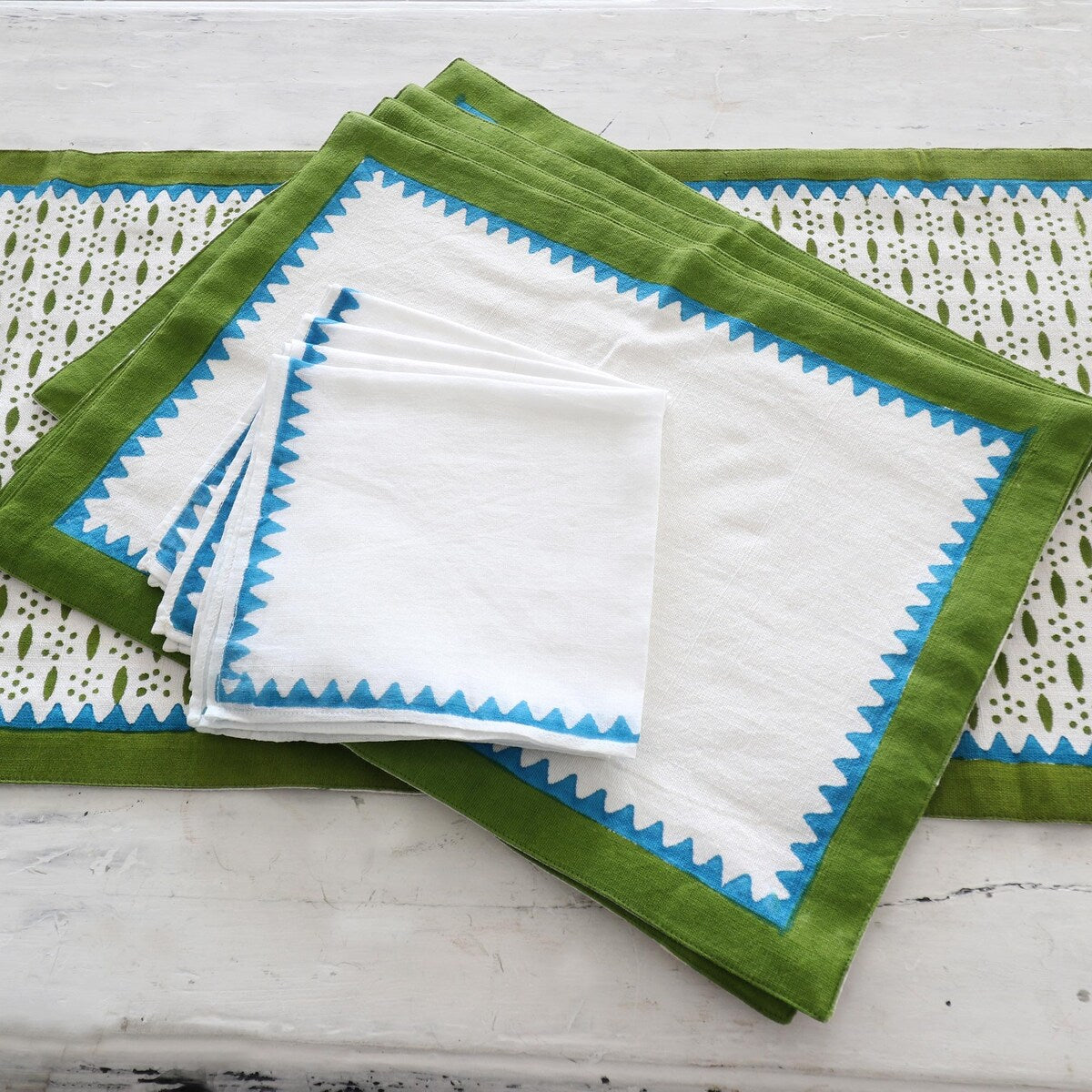 Novica Handmade Pyramid Saga Block-Printed Table Linen Set (Set For 4)