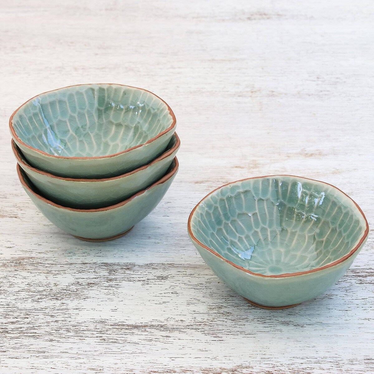 Novica Handmade Sunflower Dream Celadon Ceramic Appetizer Bowls (Set Of 4)