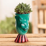 Novica Handmade Top Cat In Green Ceramic Flower Pot