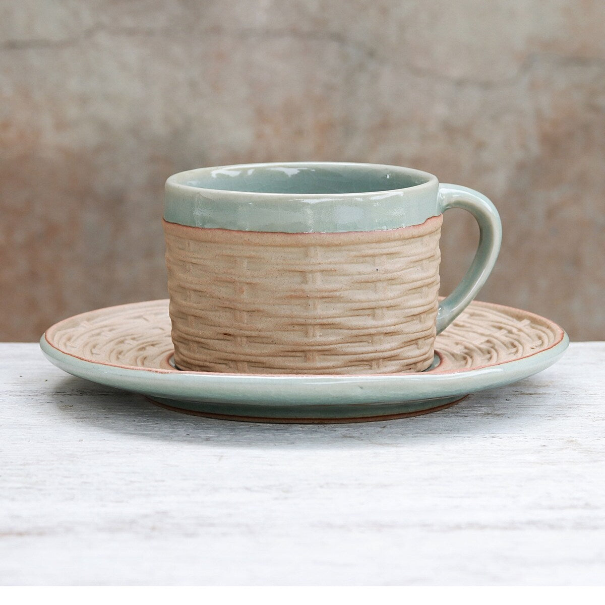 Novica Handmade Wicker In Green Ceramic Cup And Saucer
