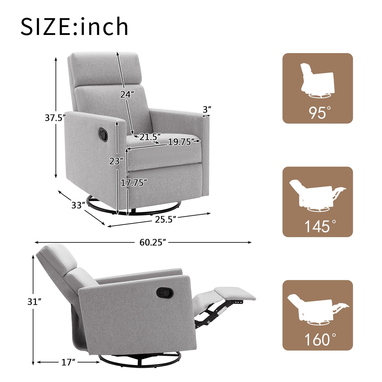 Nursery Chair Plush Seating Glider Swivel Recliner