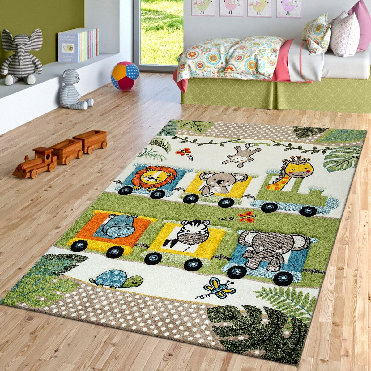 Nursery Rug Cute Jungle Animals Locomotive Kids 3D Effect Green Cream