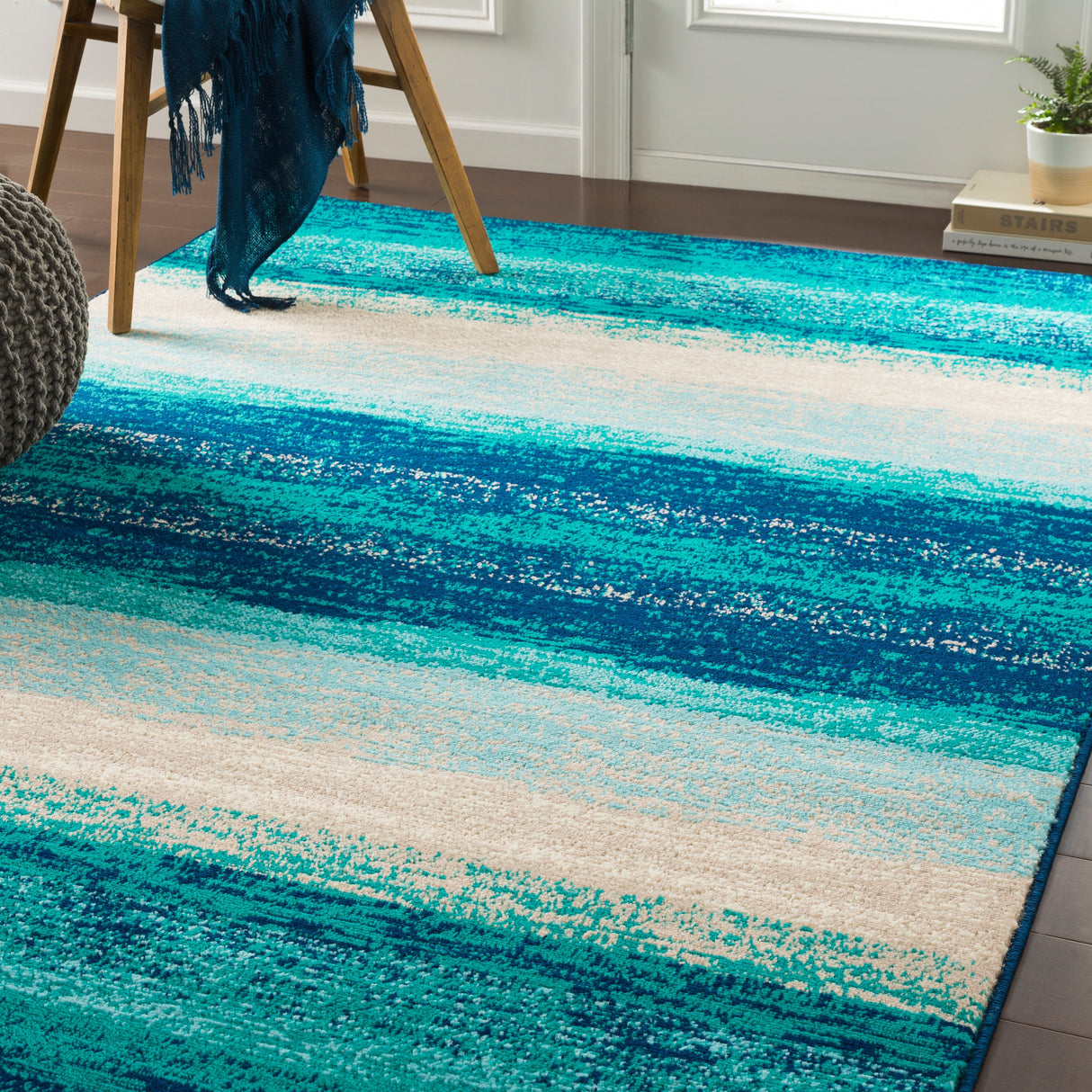 Nurzhan Teal Contemporary Striped Area Rug - 5'3" x 7'6"