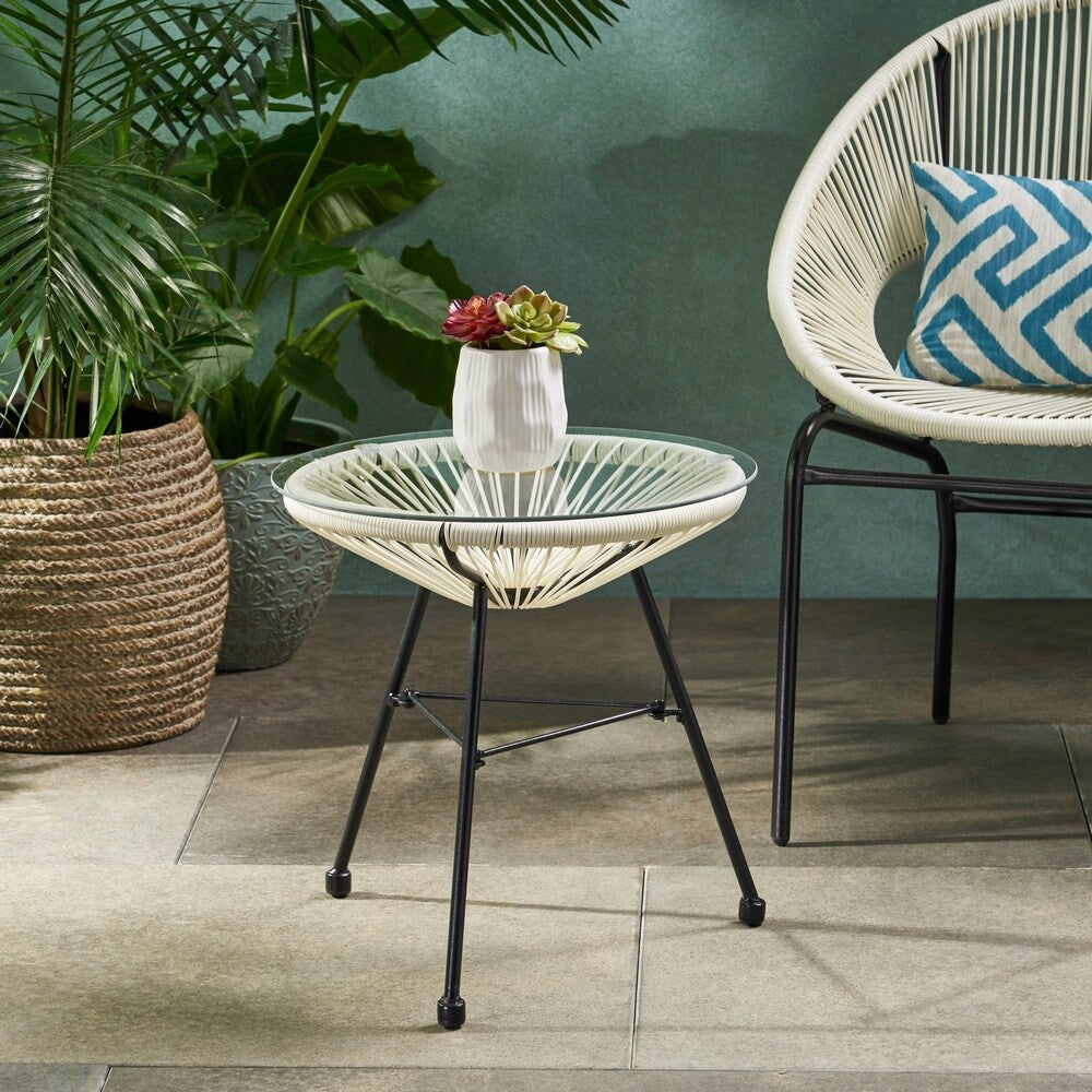 Nusa Outdoor Modern Wicker Side Table with Tempered Glass Top by Christopher Knight Home