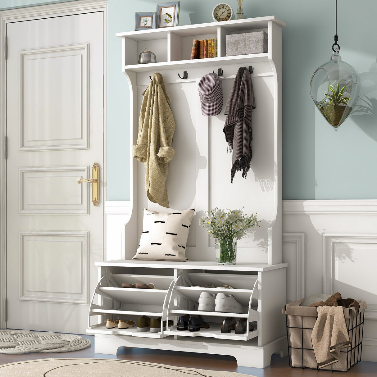 ON-TREND All in One Hall Tree with 3 Top Shelves and 2 Flip Shoe Storage Drawers