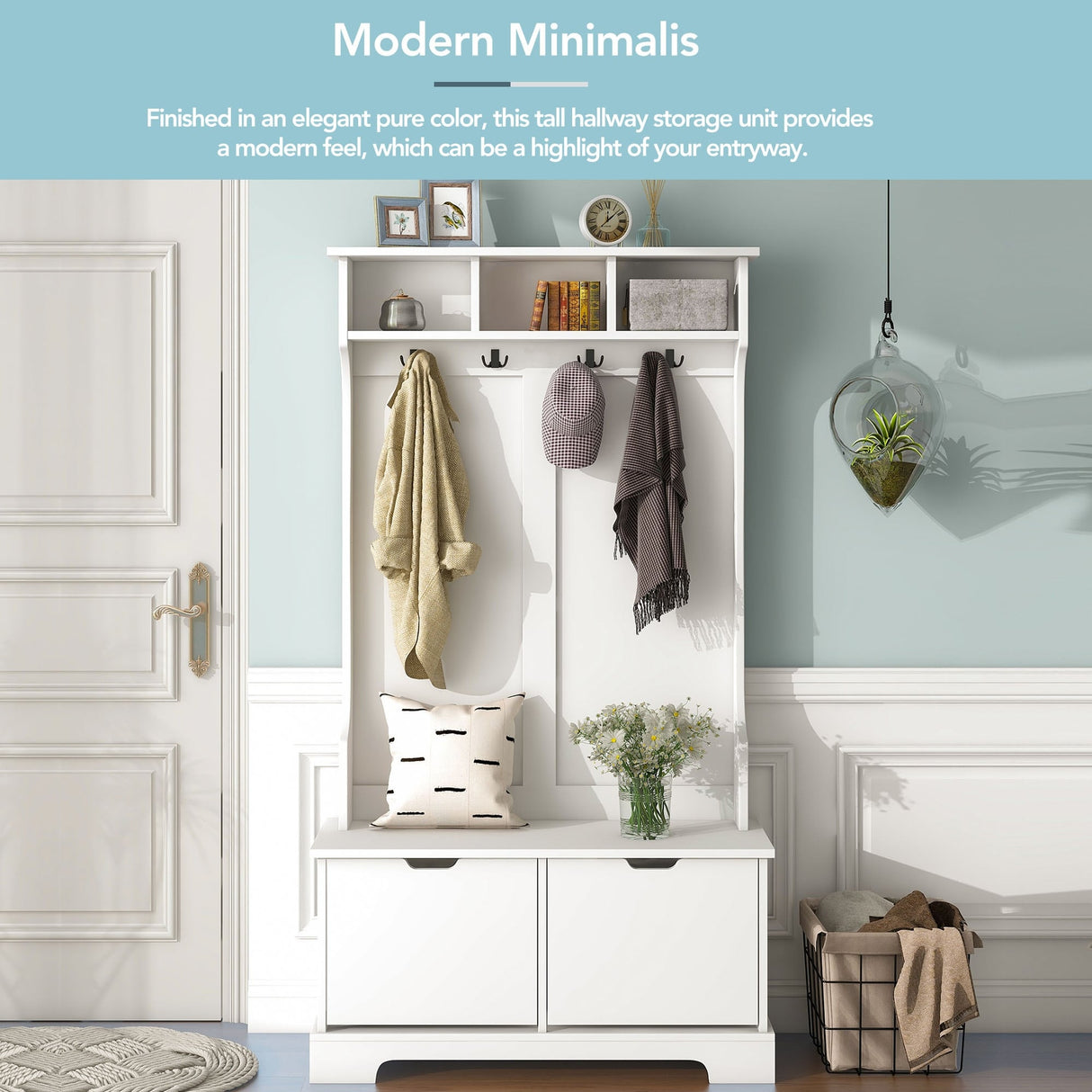 ON-TREND All in One Hall Tree with 3 Top Shelves and 2 Flip Shoe Storage Drawers
