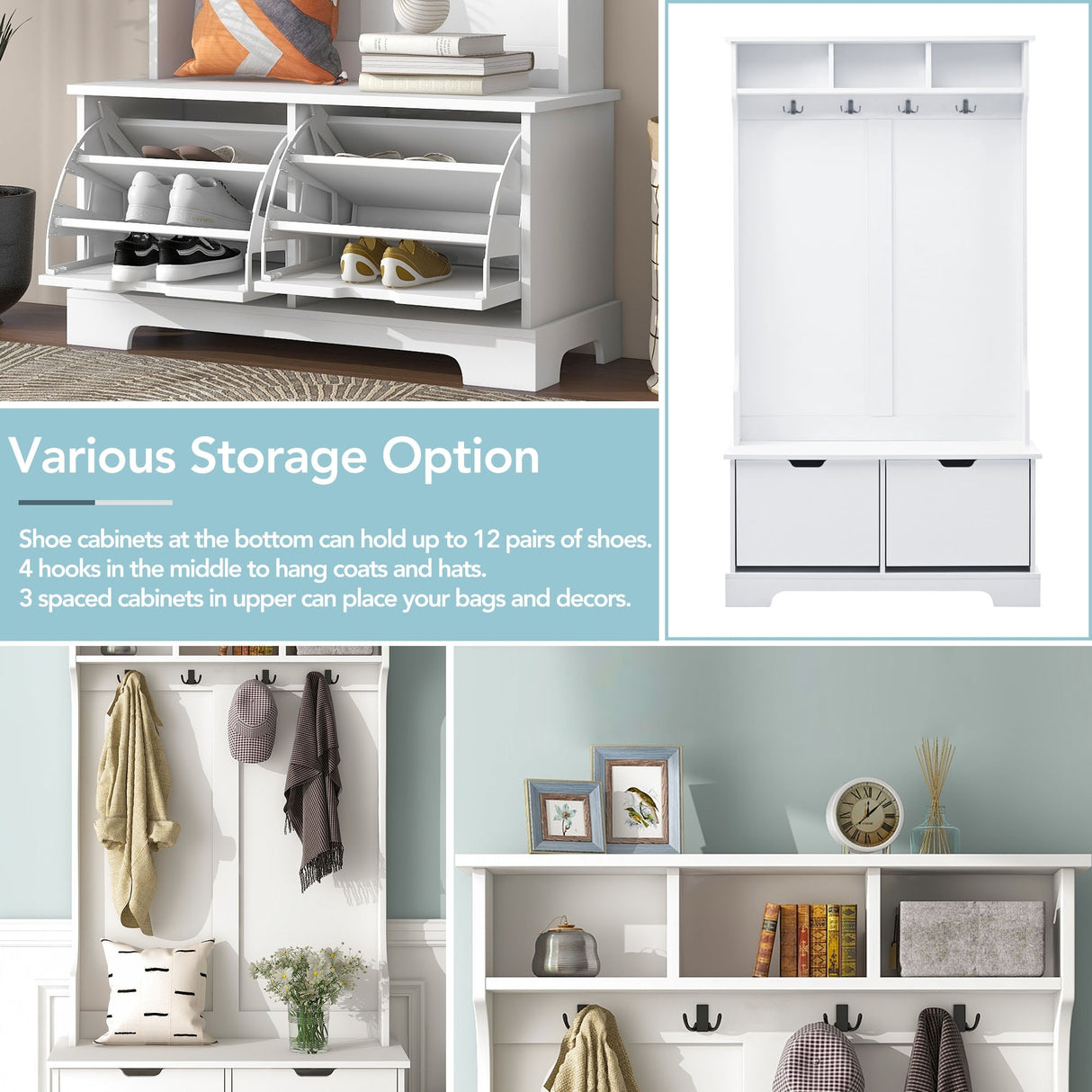 ON-TREND All in One Hall Tree with 3 Top Shelves and 2 Flip Shoe Storage Drawers