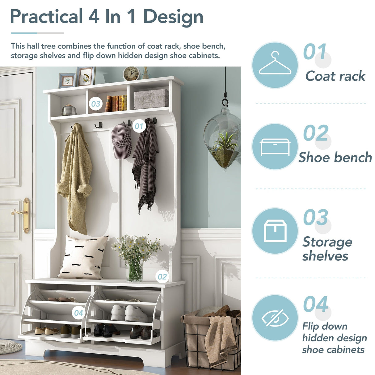 ON-TREND All in One Hall Tree with 3 Top Shelves and 2 Flip Shoe Storage Drawers