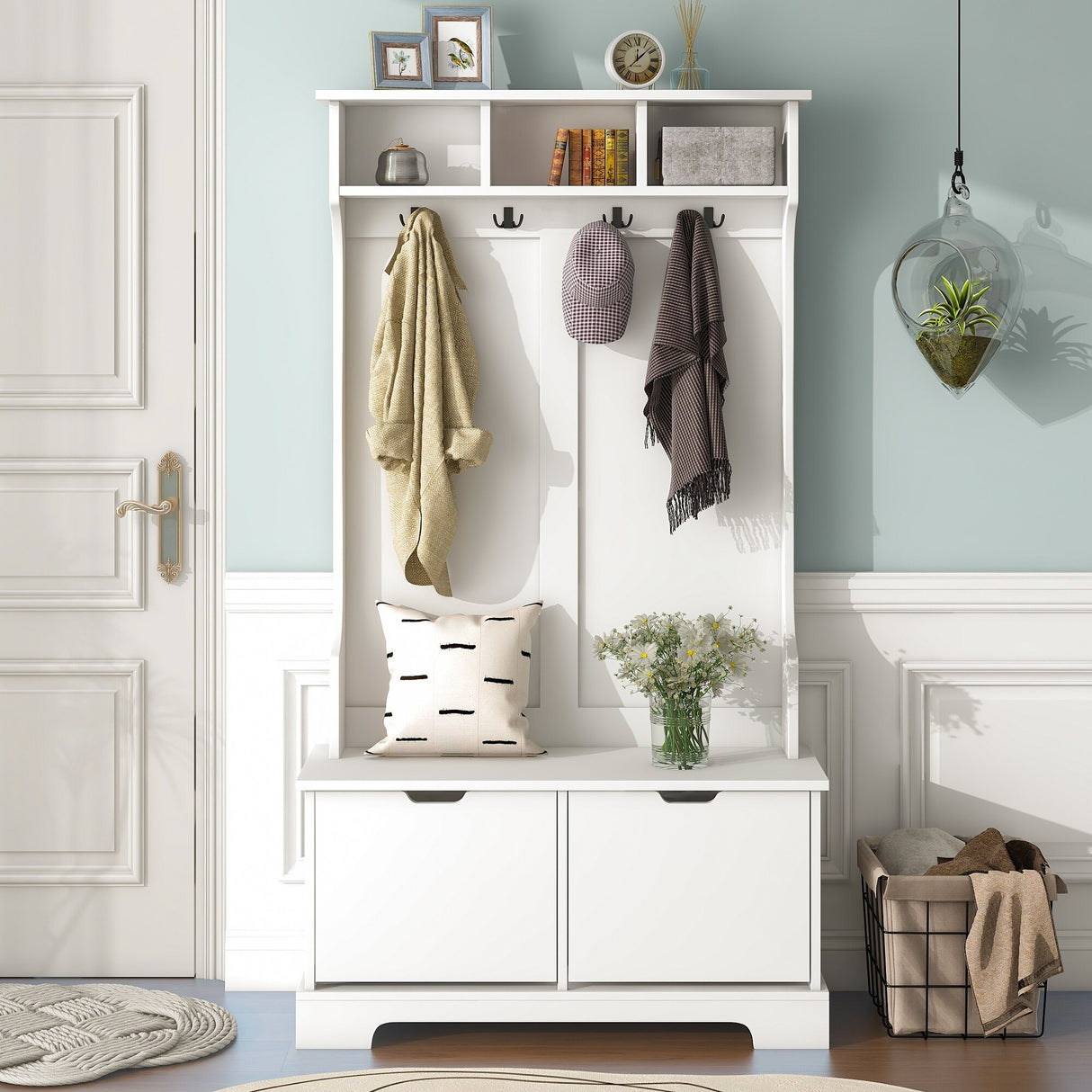 ON-TREND All in One Hall Tree with 3 Top Shelves and 2 Flip Shoe Storage Drawers