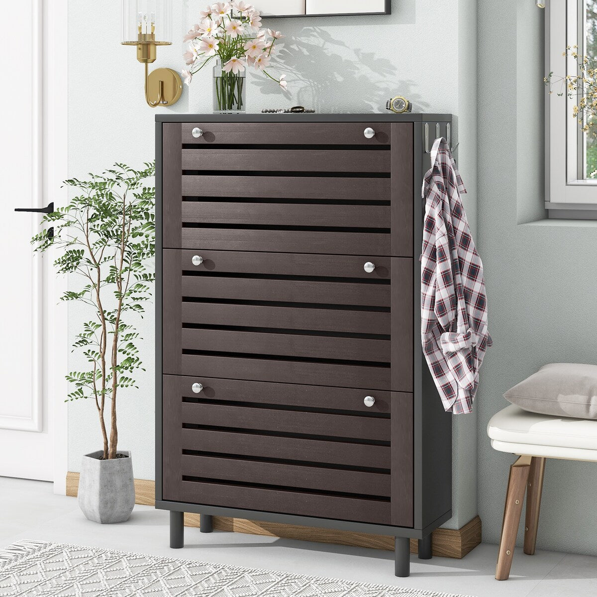 ON-TREND Minimalist Slim Shoe Cabinet with Hanging Hooks
