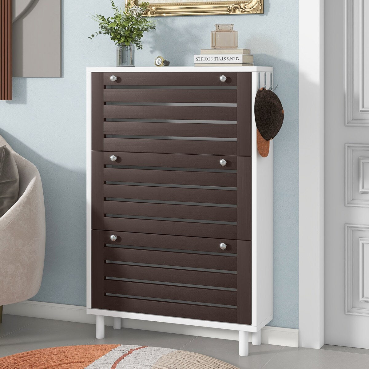 ON-TREND Minimalist Slim Shoe Cabinet with Hanging Hooks
