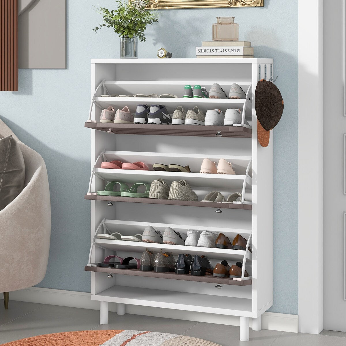 ON-TREND Minimalist Slim Shoe Cabinet with Hanging Hooks