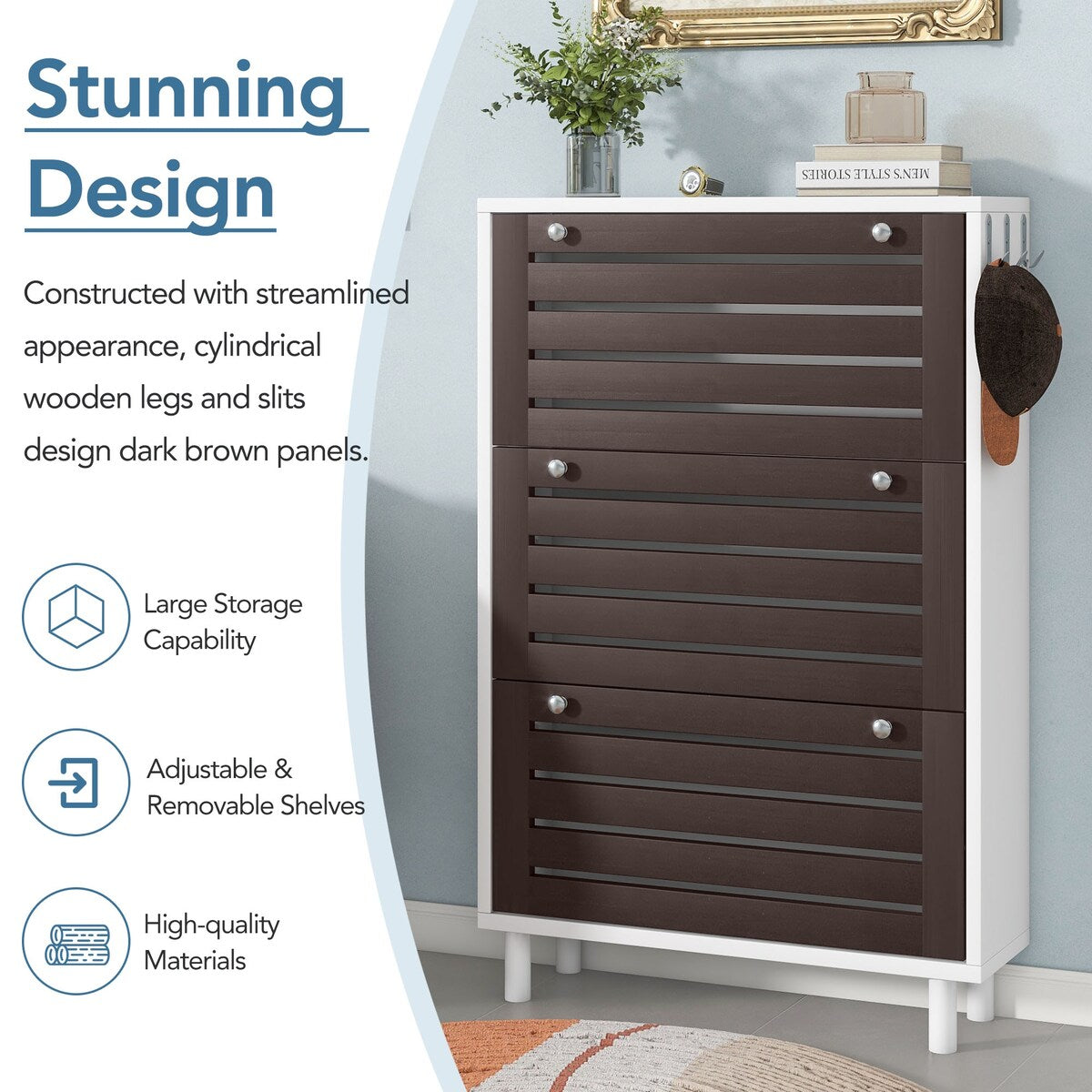 ON-TREND Minimalist Slim Shoe Cabinet with Hanging Hooks