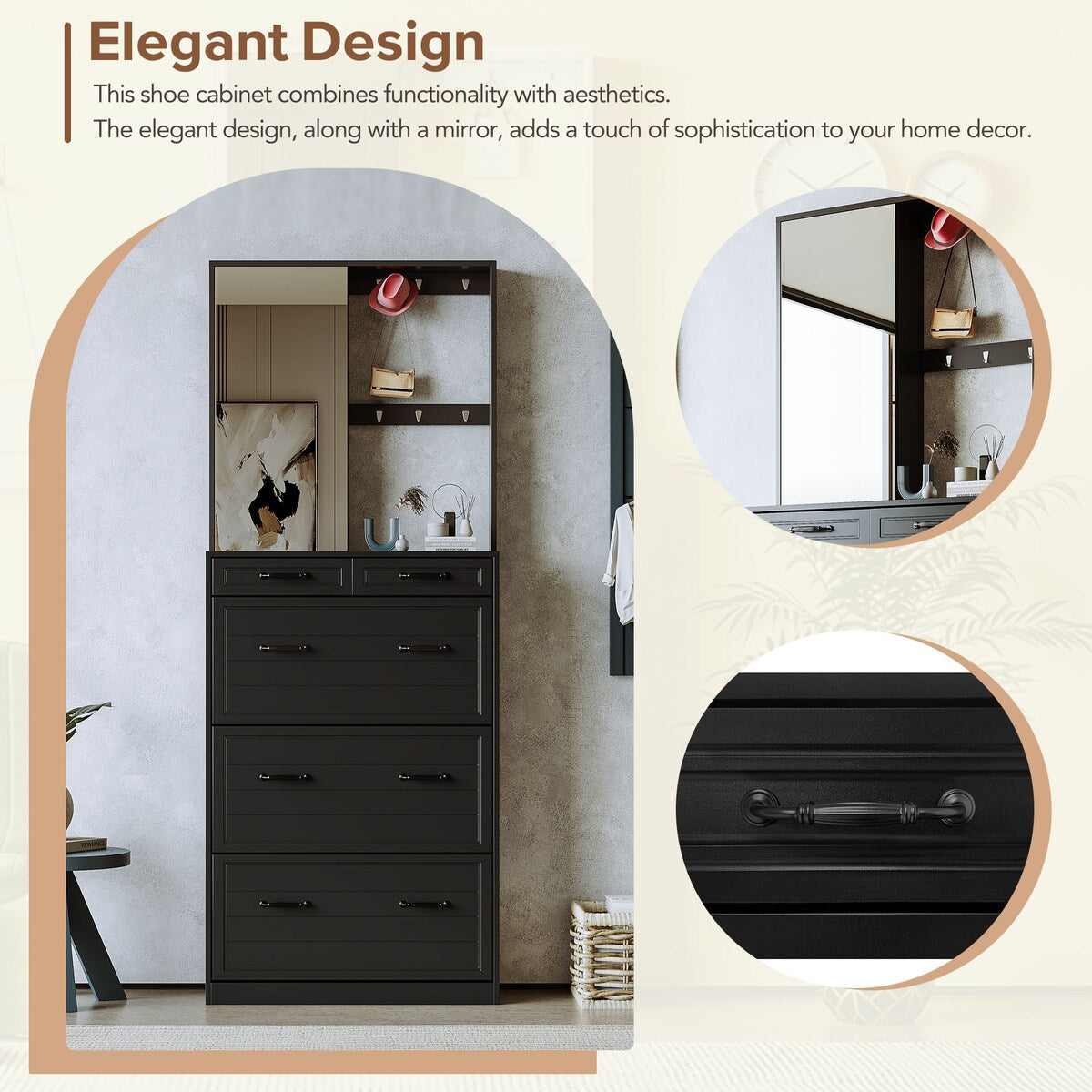 ON-TREND Multi-functional Shoe Cabinet with 3 Flip Drawers, Elegant Hall Tree with Mirror