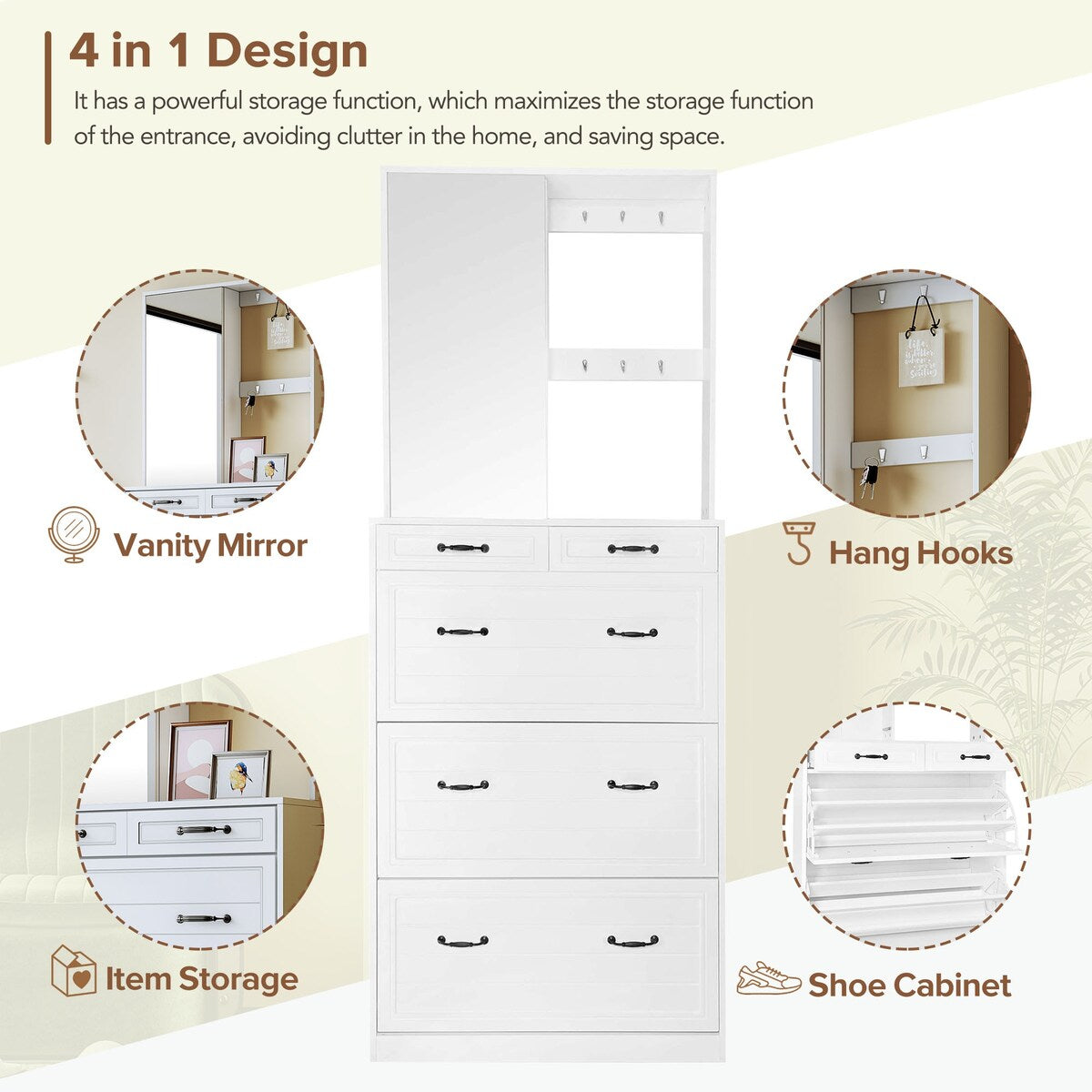 ON-TREND Multi-functional Shoe Cabinet with 3 Flip Drawers, Elegant Hall Tree with Mirror