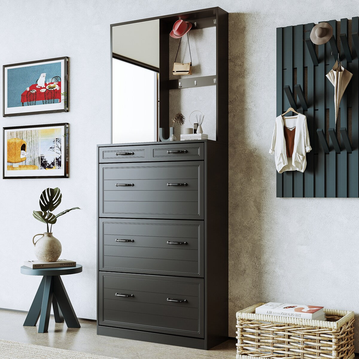 ON-TREND Multi-functional Shoe Cabinet with 3 Flip Drawers, Elegant Hall Tree with Mirror