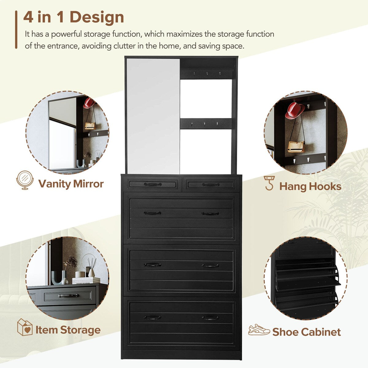 ON-TREND Multi-functional Shoe Cabinet with 3 Flip Drawers, Elegant Hall Tree with Mirror