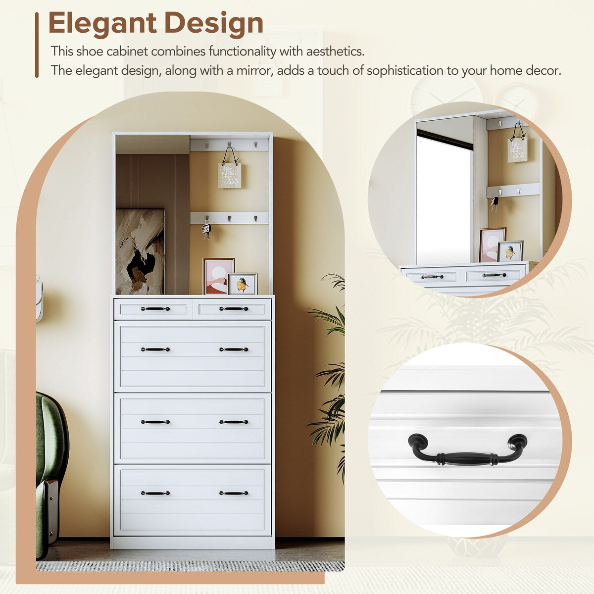 ON-TREND Multi-functional Shoe Cabinet with 3 Flip Drawers, Elegant Hall Tree with Mirror