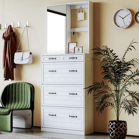 ON-TREND Multi-functional Shoe Cabinet with 3 Flip Drawers, Elegant Hall Tree with Mirror
