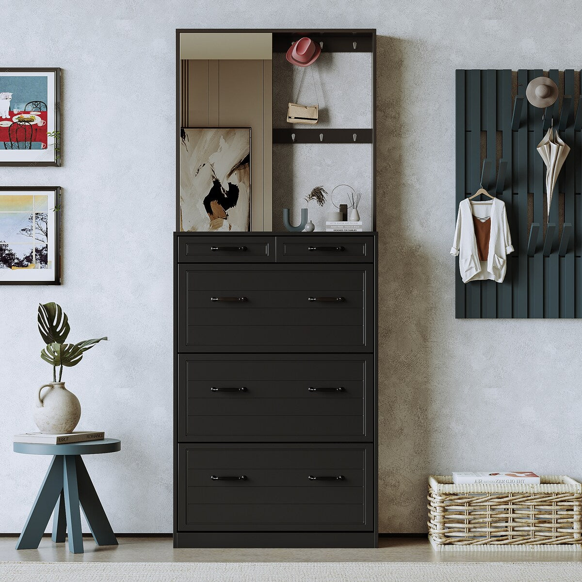 ON-TREND Multi-functional Shoe Cabinet with 3 Flip Drawers, Elegant Hall Tree with Mirror