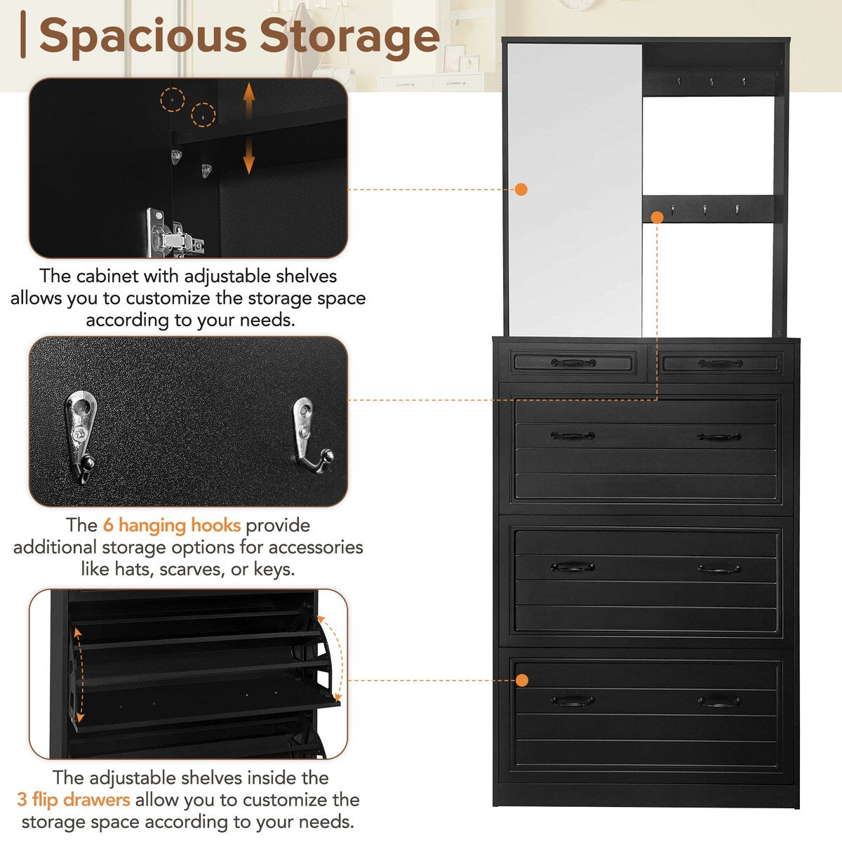 ON-TREND Multi-functional Shoe Cabinet with 3 Flip Drawers, Elegant Hall Tree with Mirror