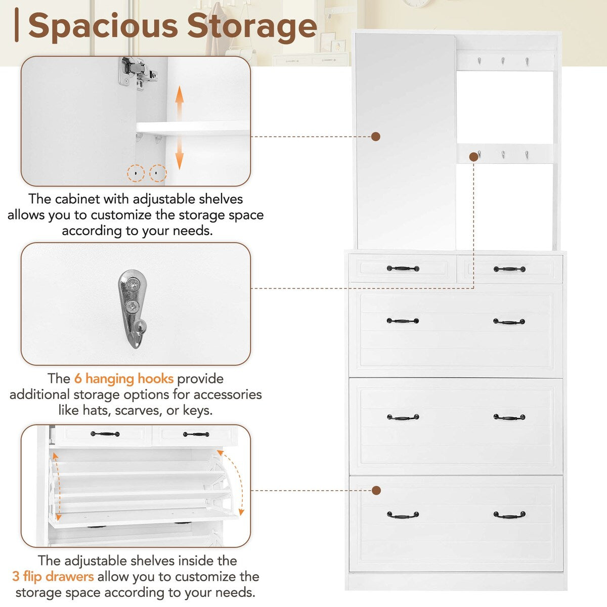 ON-TREND Multi-functional Shoe Cabinet with 3 Flip Drawers, Elegant Hall Tree with Mirror