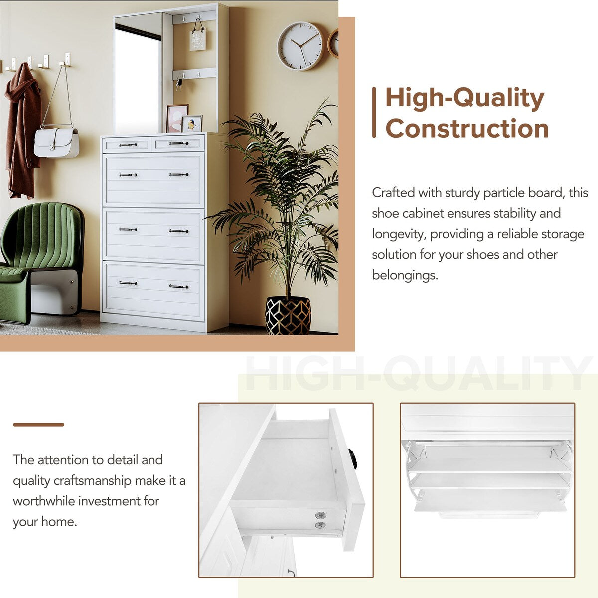 ON-TREND Multi-functional Shoe Cabinet with 3 Flip Drawers, Elegant Hall Tree with Mirror