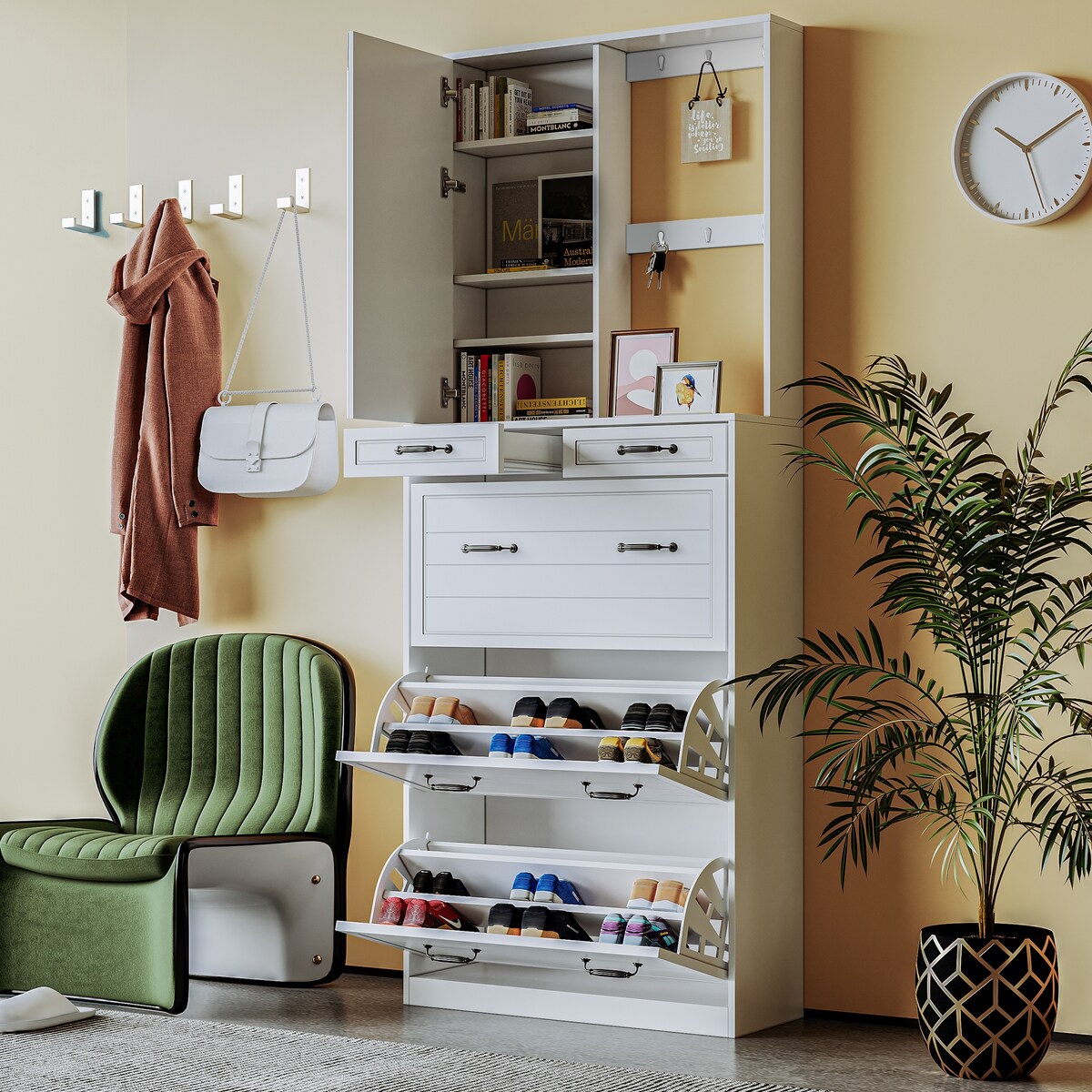 ON-TREND Multi-functional Shoe Cabinet with 3 Flip Drawers, Elegant Hall Tree with Mirror