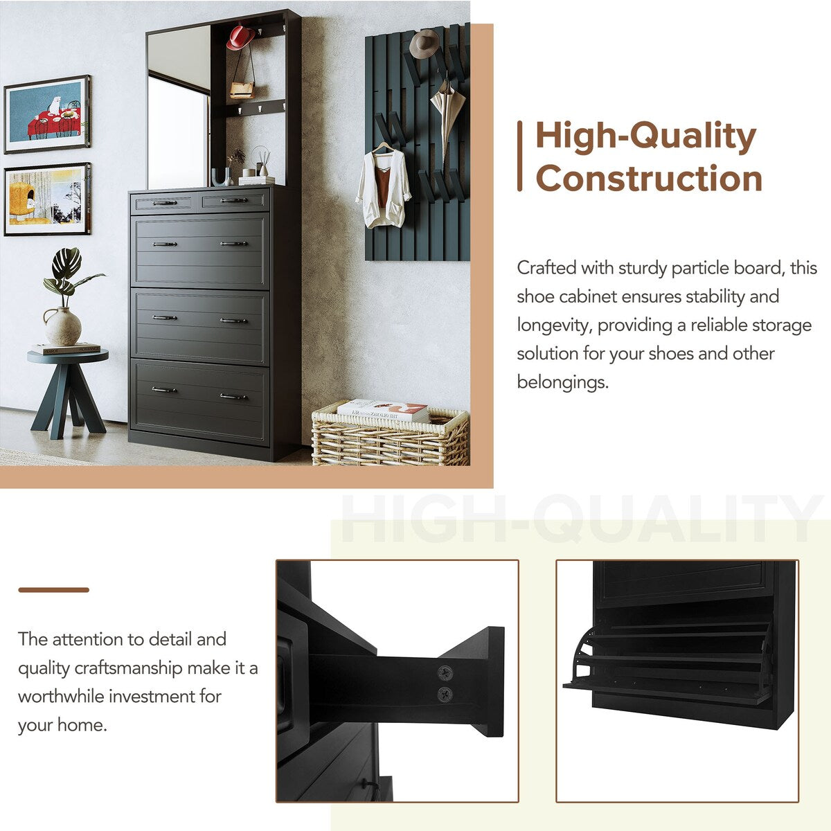 ON-TREND Multi-functional Shoe Cabinet with 3 Flip Drawers, Elegant Hall Tree with Mirror