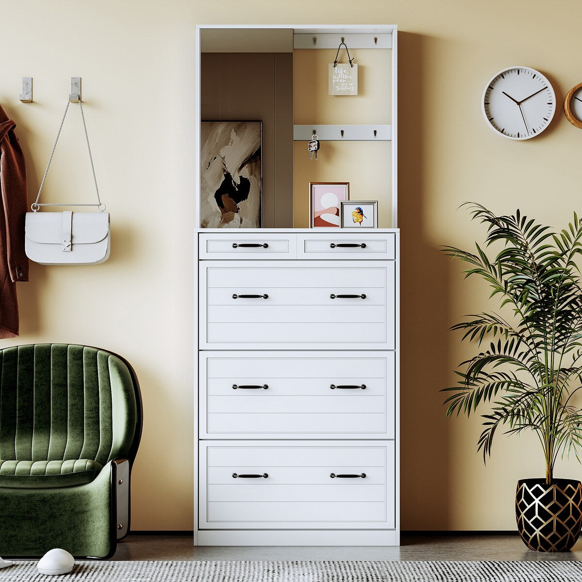 ON-TREND Multi-functional Shoe Cabinet with 3 Flip Drawers, Elegant Hall Tree with Mirror