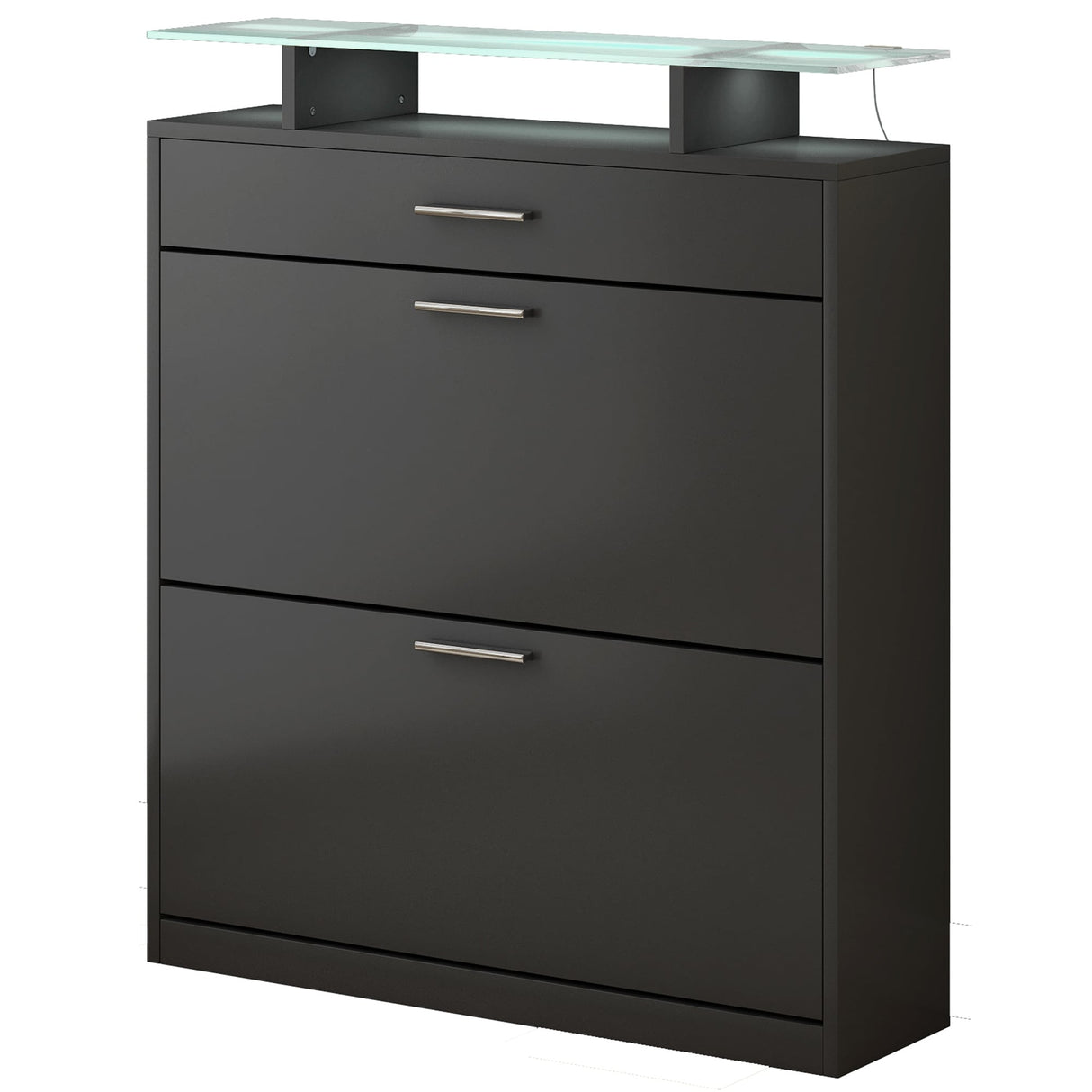 ON-TREND Slim Entryway Organizer with LED Light, two Flip Drawers, and Tempered Glass Top