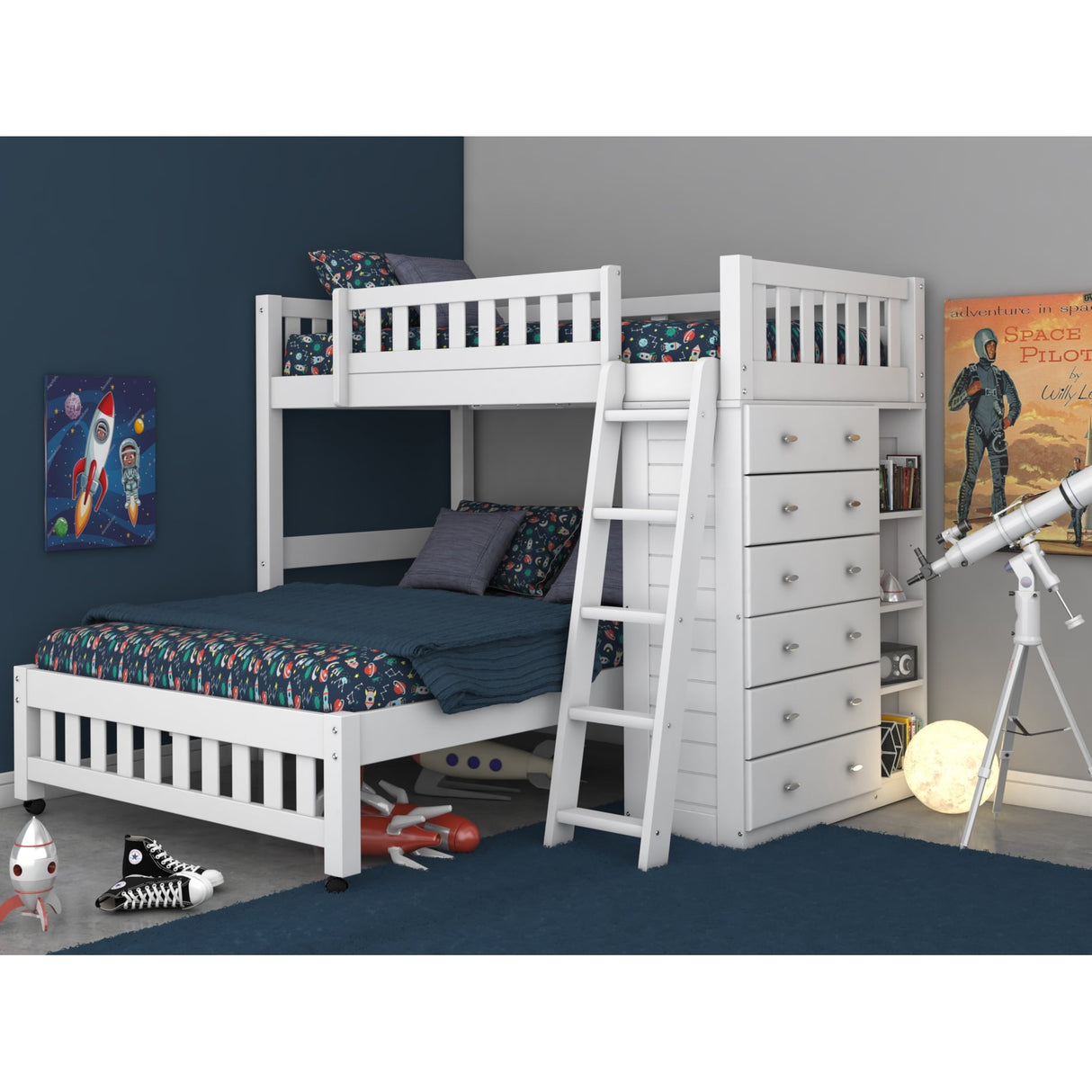 OS Home and Office Furniture Model 0205-TFW Solid Pine Twin Over Full Loft Bed with Six Drawers in White
