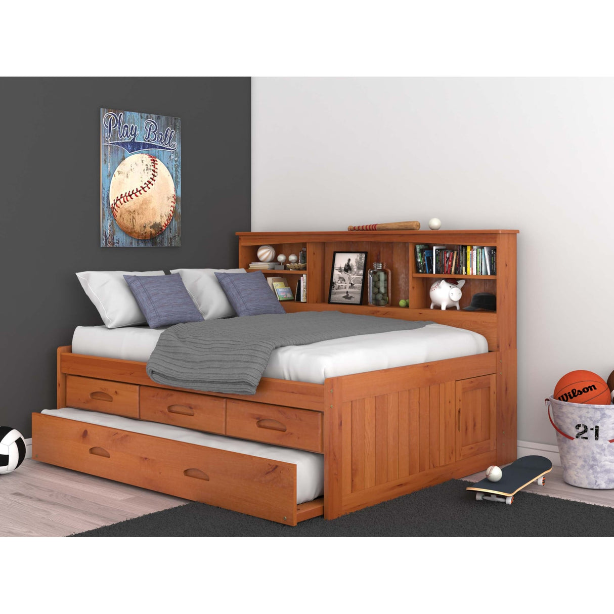 OS Home and Office Furniture, Solid Pine Full Daybed with Three Drawers and Twin Trundle in Warm Honey