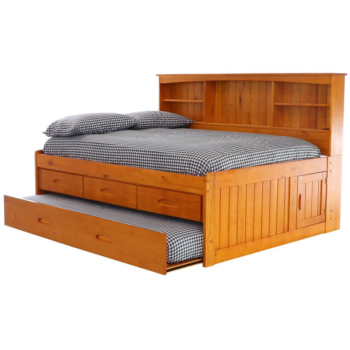 OS Home and Office Furniture, Solid Pine Full Daybed with Three Drawers and Twin Trundle in Warm Honey