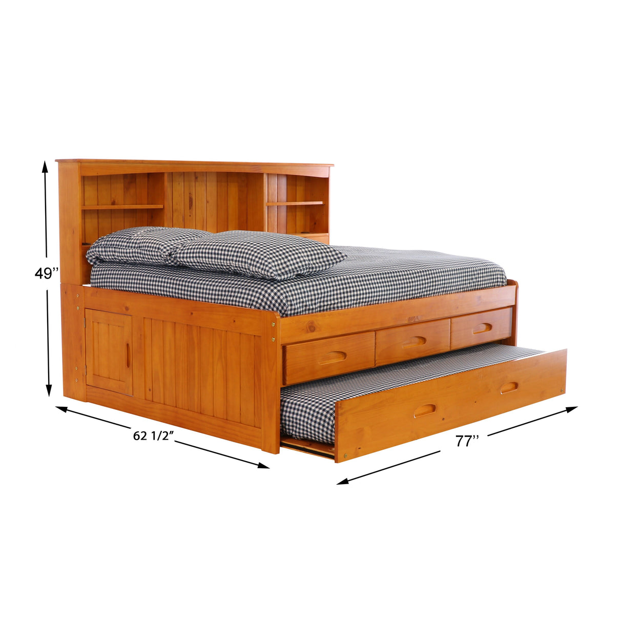 OS Home and Office Furniture, Solid Pine Full Daybed with Three Drawers and Twin Trundle in Warm Honey