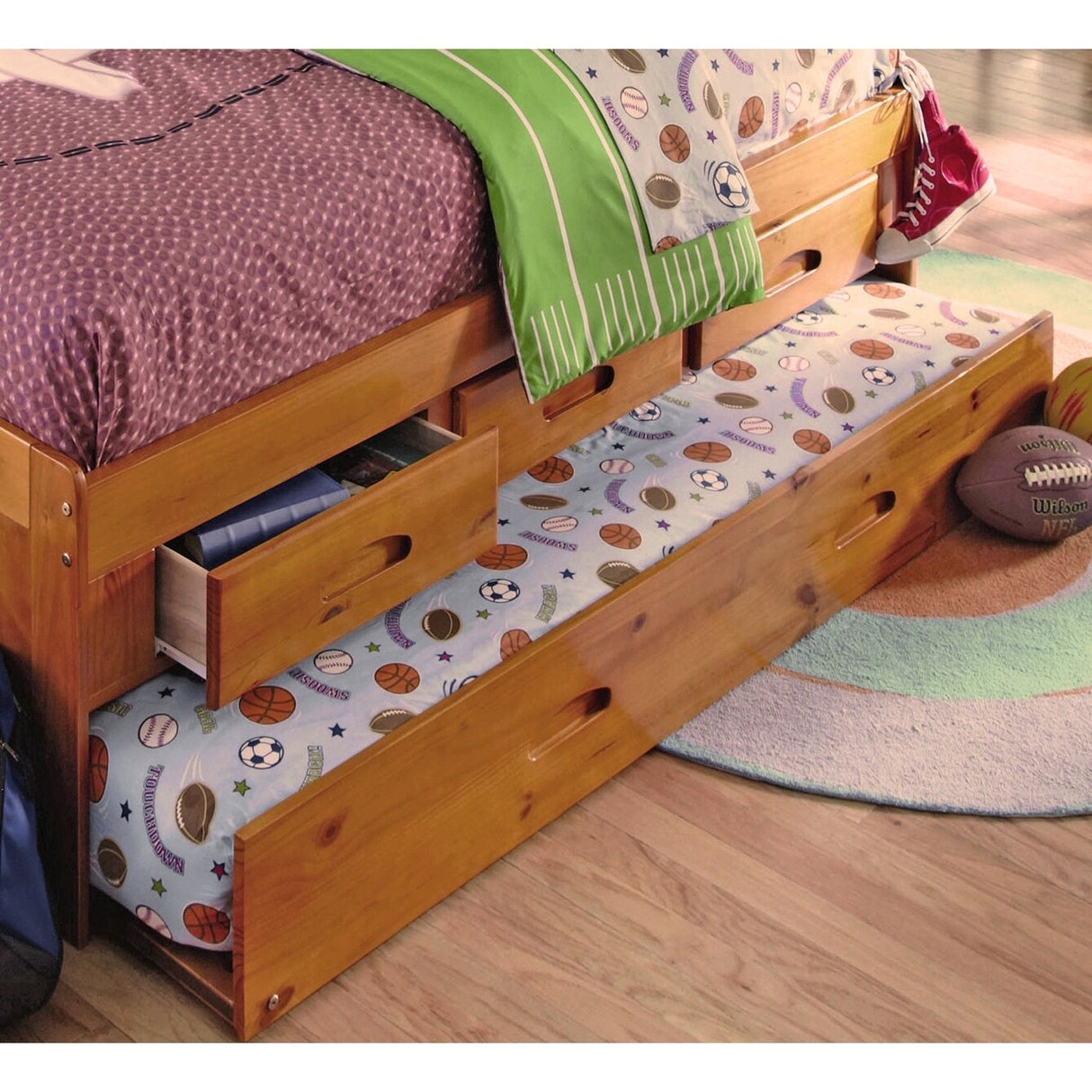 OS Home and Office Furniture, Solid Pine Full Daybed with Three Drawers and Twin Trundle in Warm Honey