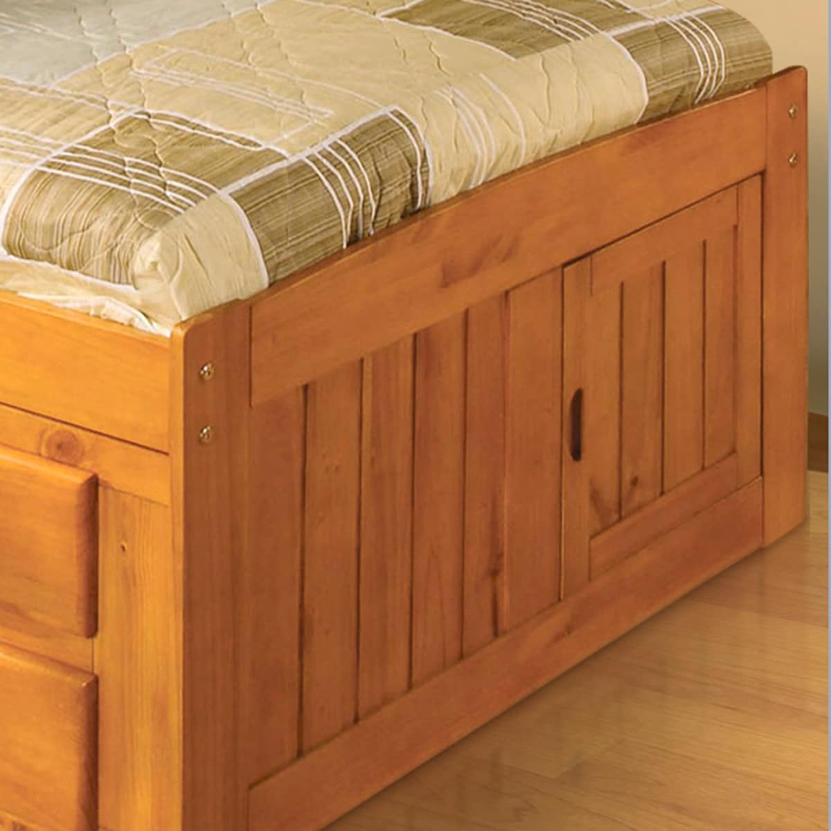 OS Home and Office Furniture Solid Pine Twin Captains Bookcase Bed with 3 drawers and a Twin Sized Trundle in Warm Honey