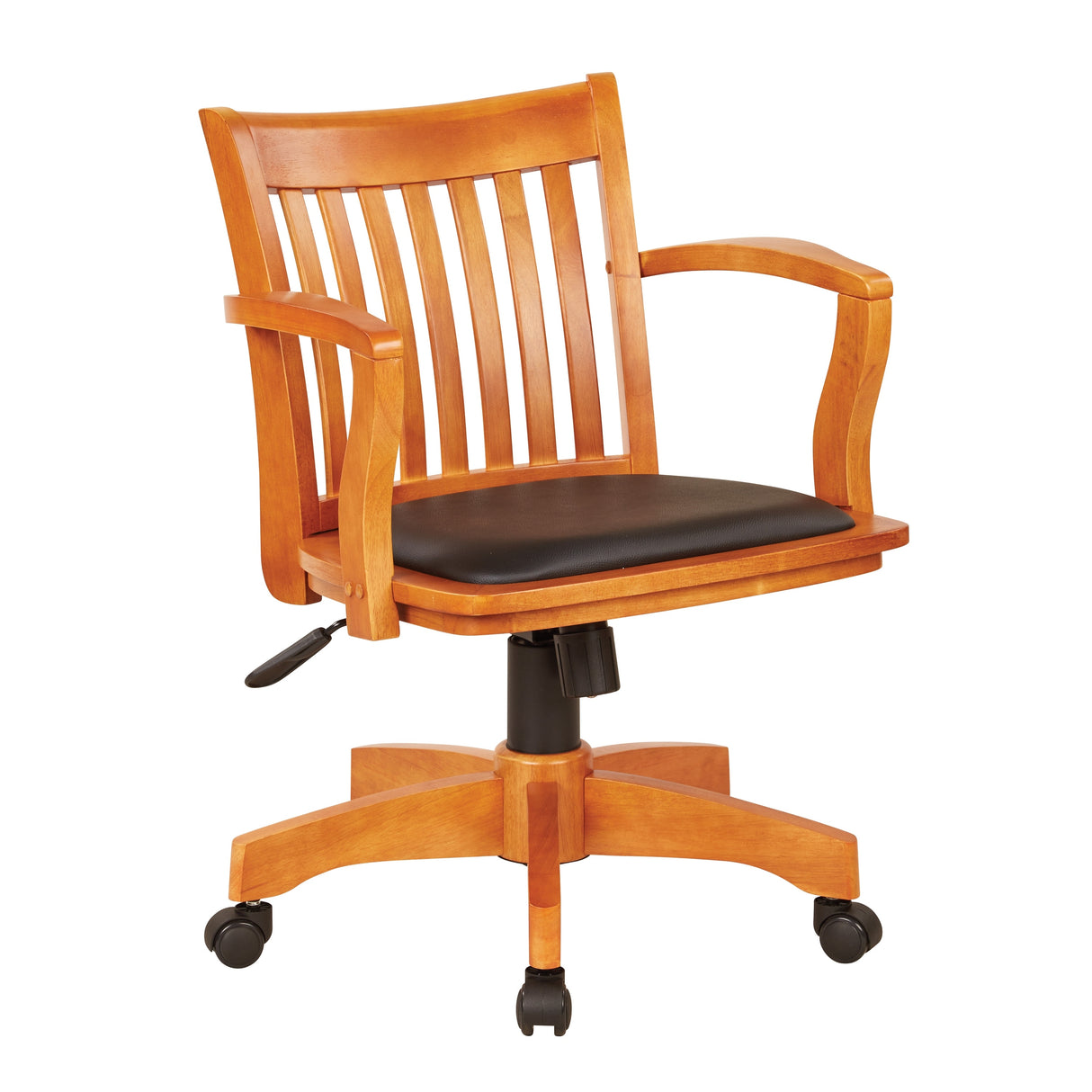 OS Home and Office Model Deluxe Wood Bankers Chair with Vinyl Padded Seat in Fruit Wood Finish and Black Vinyl Fabric