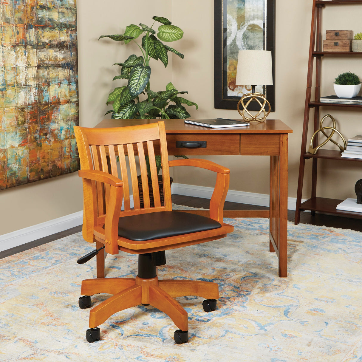 OS Home and Office Model Deluxe Wood Bankers Chair with Vinyl Padded Seat in Fruit Wood Finish and Black Vinyl Fabric