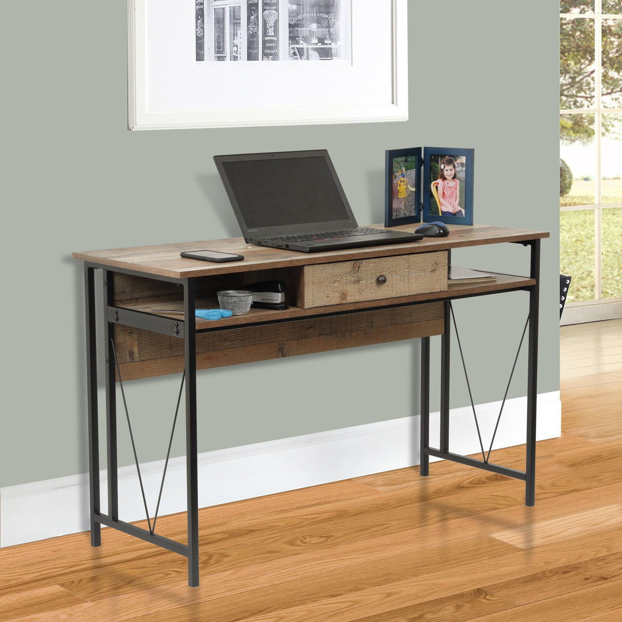 OS Home and Office Model Home Study Desk with Drawer and Cubby Storage Shelves and Rustic Barnwood Laminate