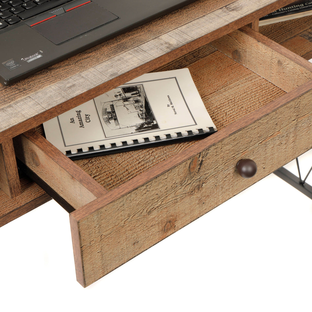 OS Home and Office Model Home Study Desk with Drawer and Cubby Storage Shelves and Rustic Barnwood Laminate