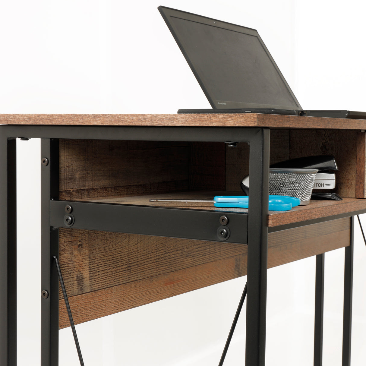 OS Home and Office Model Home Study Desk with Drawer and Cubby Storage Shelves and Rustic Barnwood Laminate
