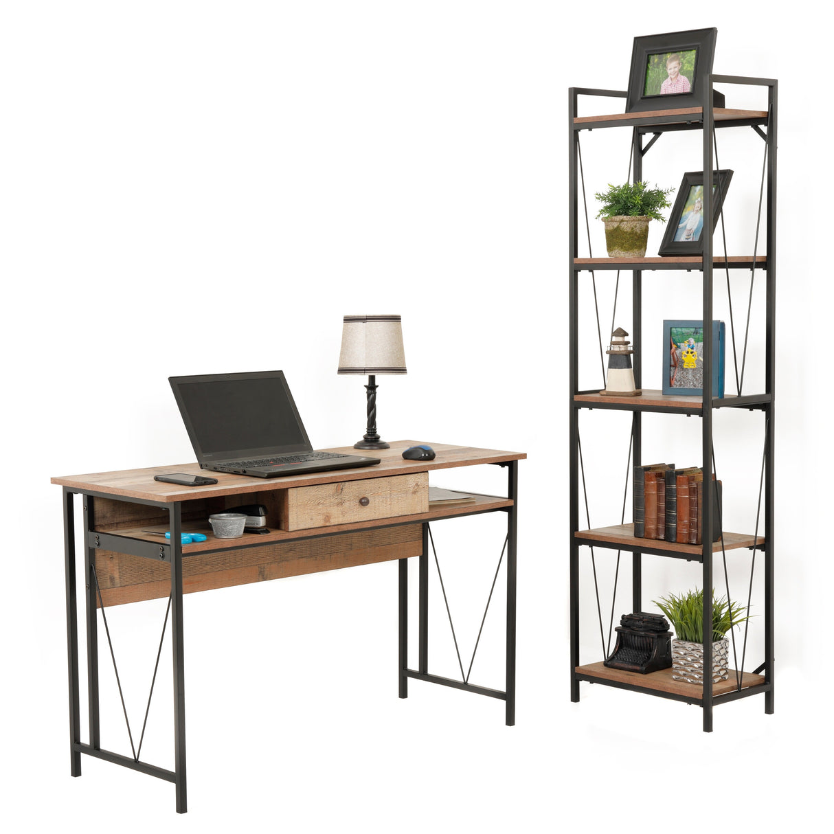 OS Home and Office Model Home Study Desk with Drawer and Cubby Storage Shelves and Rustic Barnwood Laminate