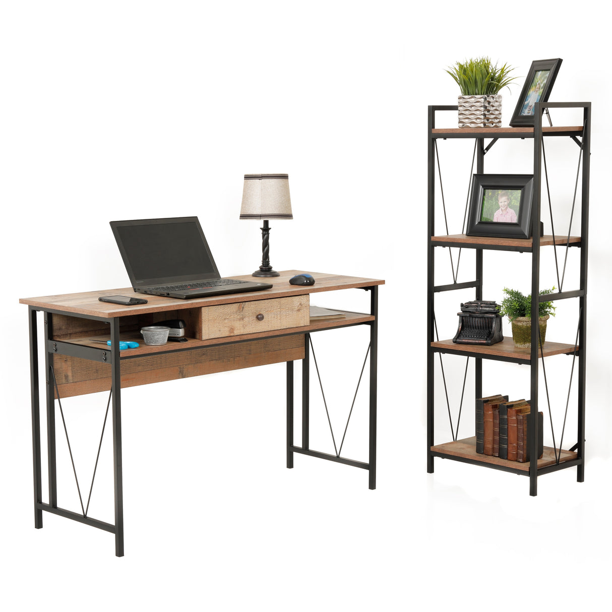 OS Home and Office Model Home Study Desk with Drawer and Cubby Storage Shelves and Rustic Barnwood Laminate