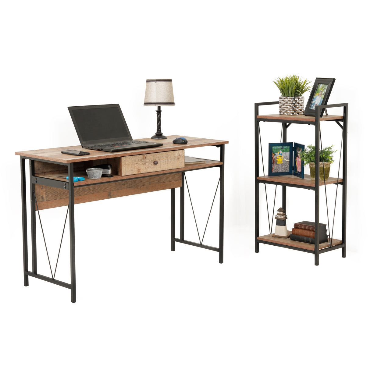 OS Home and Office Model Home Study Desk with Drawer and Cubby Storage Shelves and Rustic Barnwood Laminate